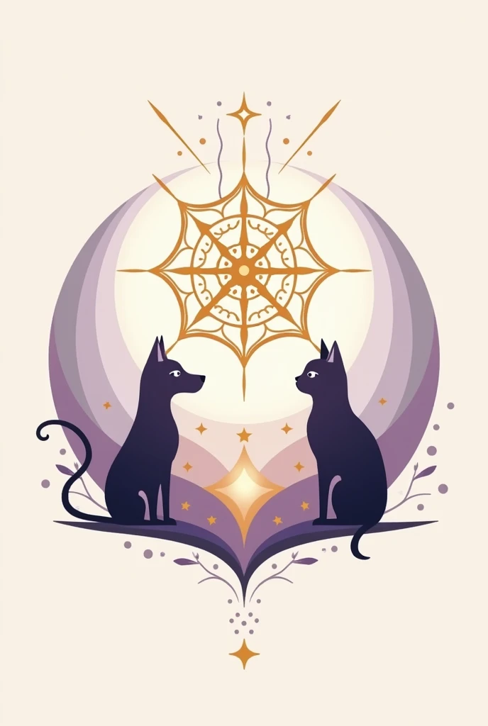 I want a flat design of a logo with a centered mandala, with animals around (dog and cat), symbolizing the connection of the spiritual and the physical, in purple colors, dourado e branco.