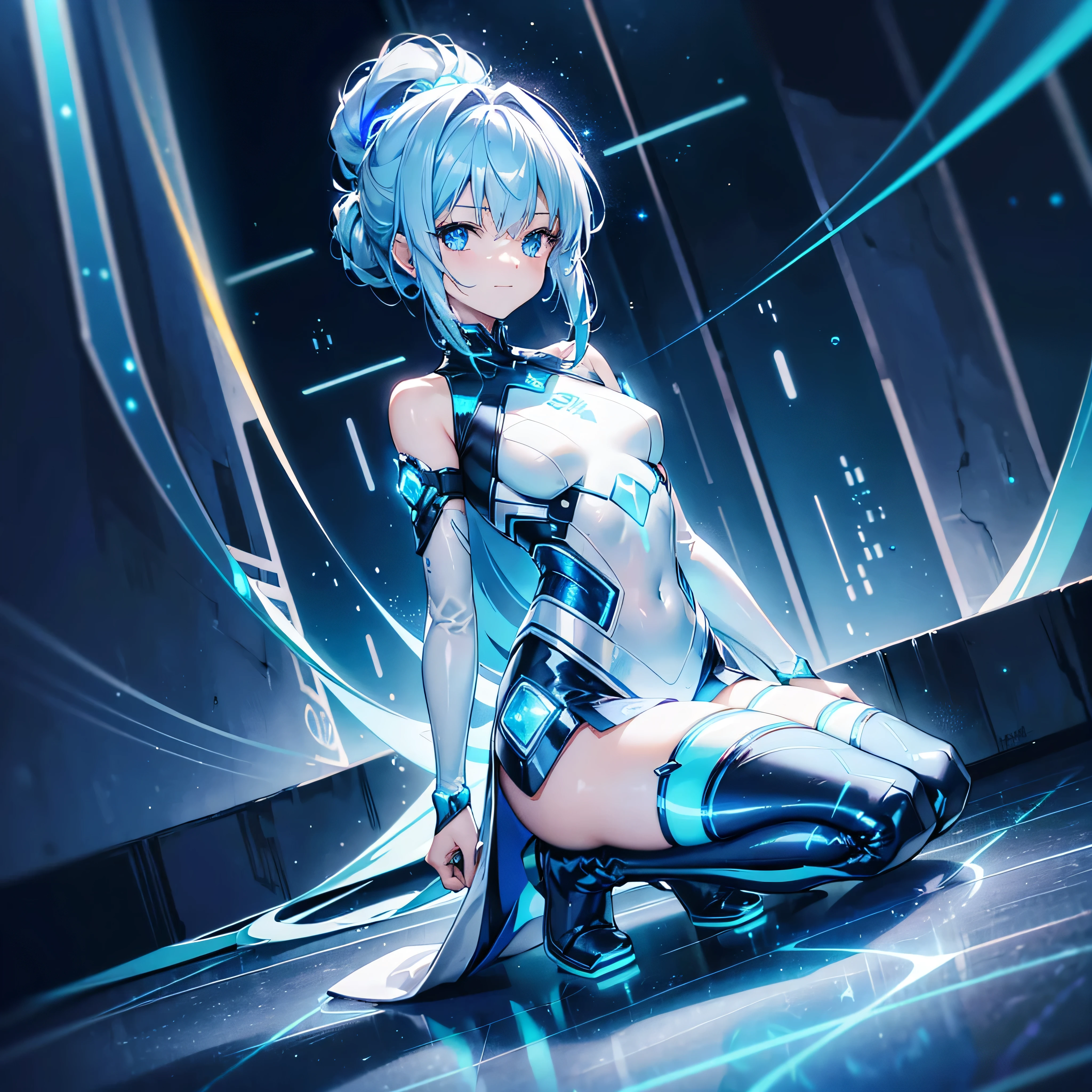 ((Holographic glow effect)),8k, Highest quality, (real:1.4), Original photo, 1 person, Asari Hair, Biological Amplifier, Very sleek and futuristic armor, posture: Peace talks between warring factions,,attention arousal, smart blue eyes,A modest smile,Knee-high boots,Patent-look blue tights,Blue big moon and blue light swirl in the background,Blue light from behind,blue light magic,A small, glowing blue ball in the palm of your hand,Blue flame swirl,Blue Comet,Polished floor,