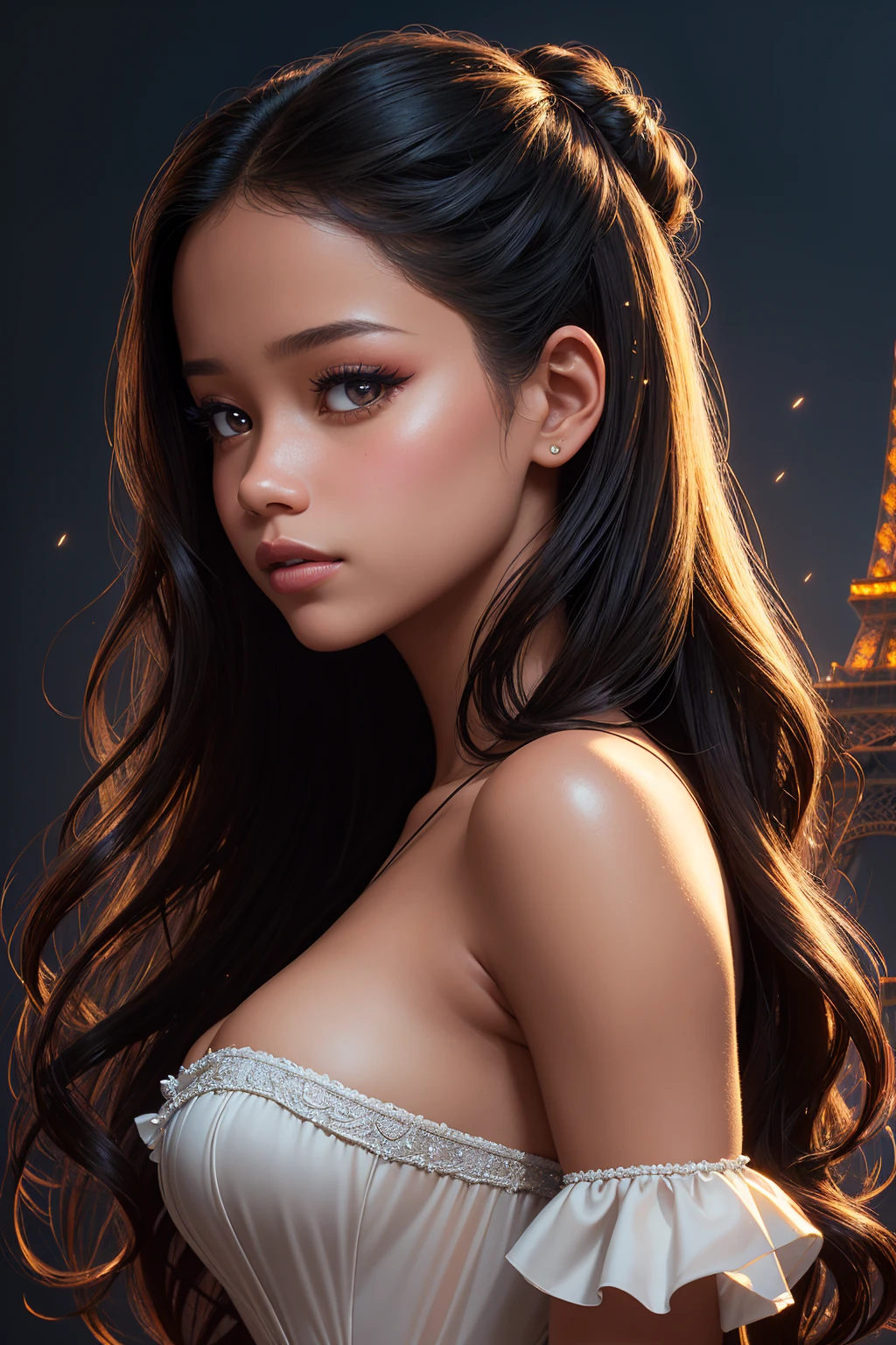 portrait Jenna Ortega, wearing sexy french maid outfit, against the background of the Eiffel Tower, 9 9 9 9 s, wavy hair, intricate, elegant, highly detailed, digital painting, artstation, concept art, smooth, sharp focus, illustration, art by thomas kindkade, charlie bowater, artgerm, greg rutkowski, alphonse mucha and alexandra fomina, 36k, glittering, shining