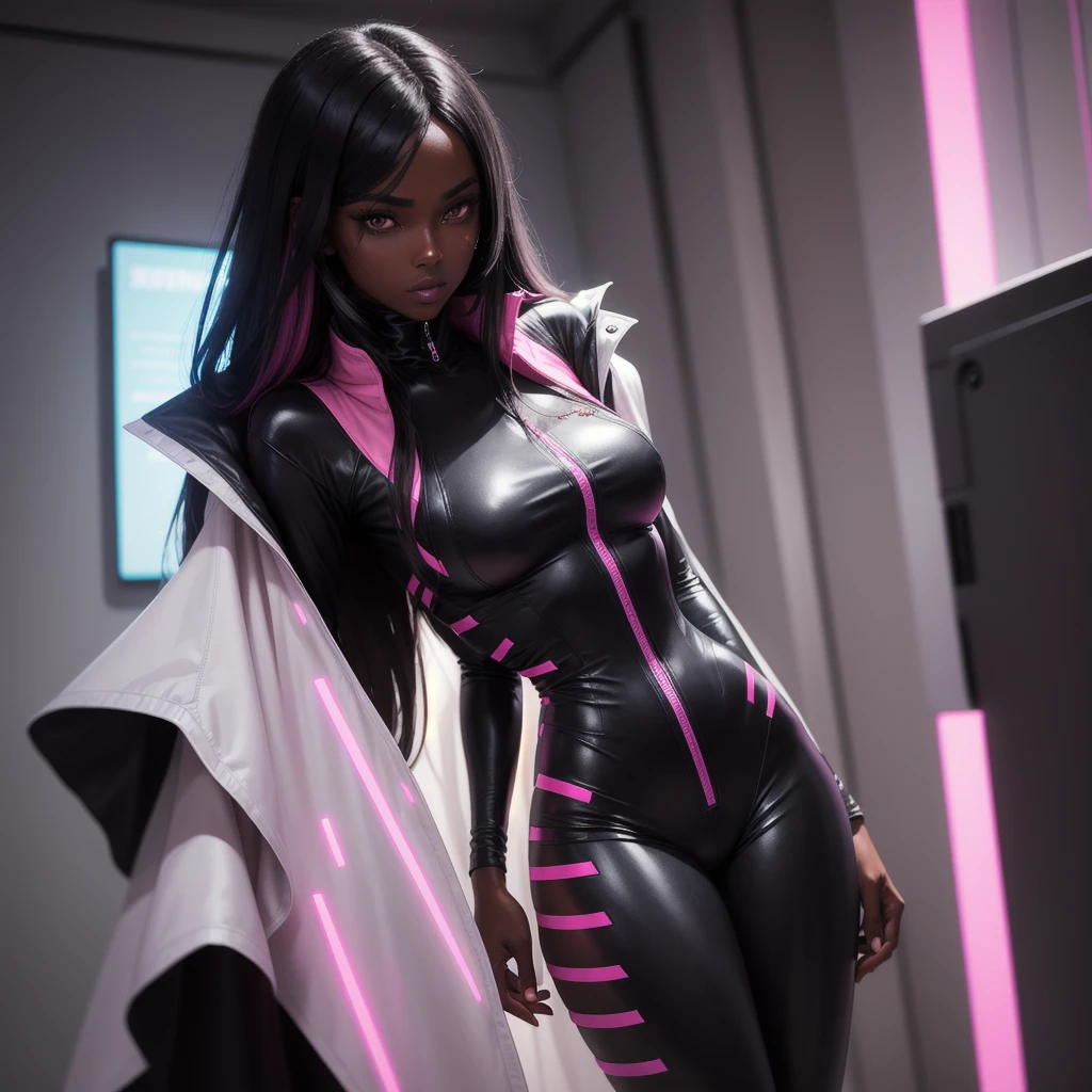 Woman with dark skin, straight hair, dark skin, white eyes, wears a black jumpsuit with pink, wears a dark pink cape, Cyberpunk style