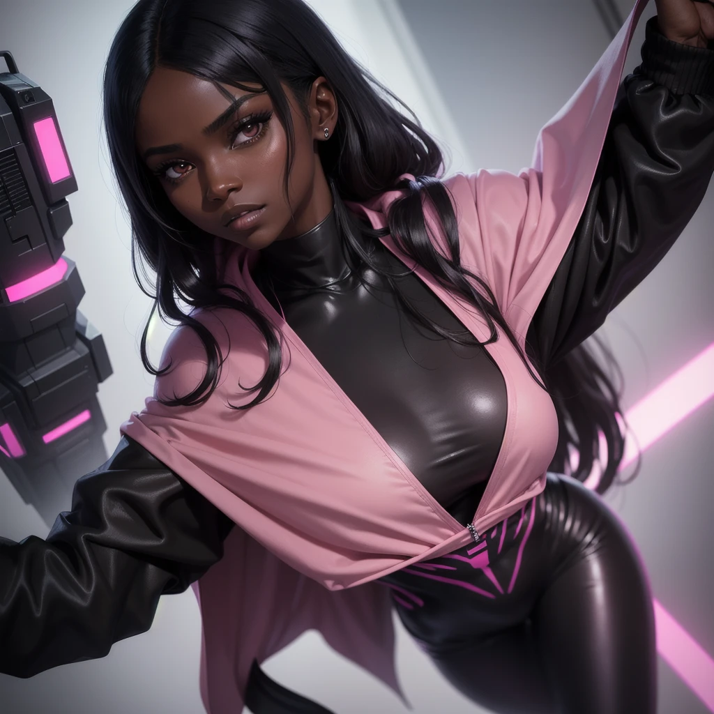 Woman with dark skin, straight hair, dark skin, white eyes, wears a black jumpsuit with pink, wears a dark pink cape, Cyberpunk style