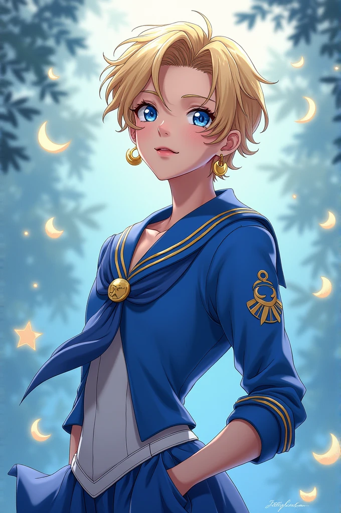White skinned man with blond curly hair in blue sailor uniform with moon clips and moon shaped earrings anime sailor moon