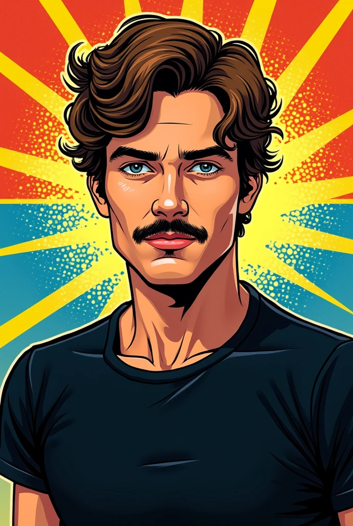 Make a young man with a mustache, black t-shirt and short hair, in 70&#39;s comic book style animation
