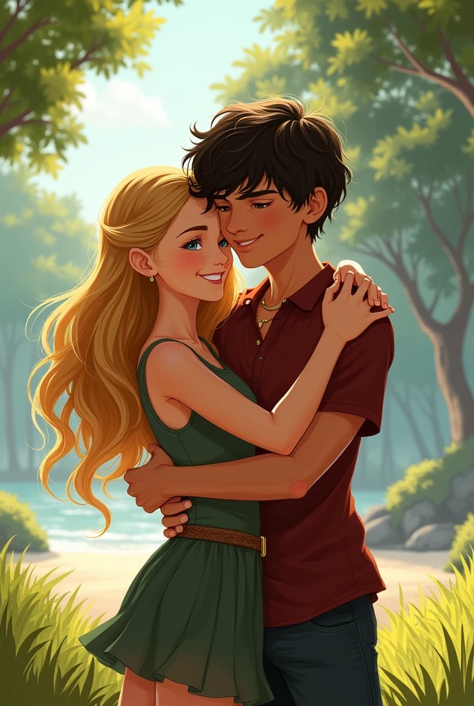 Annabeth and Percy from the book Percy Jackson hugging and happy