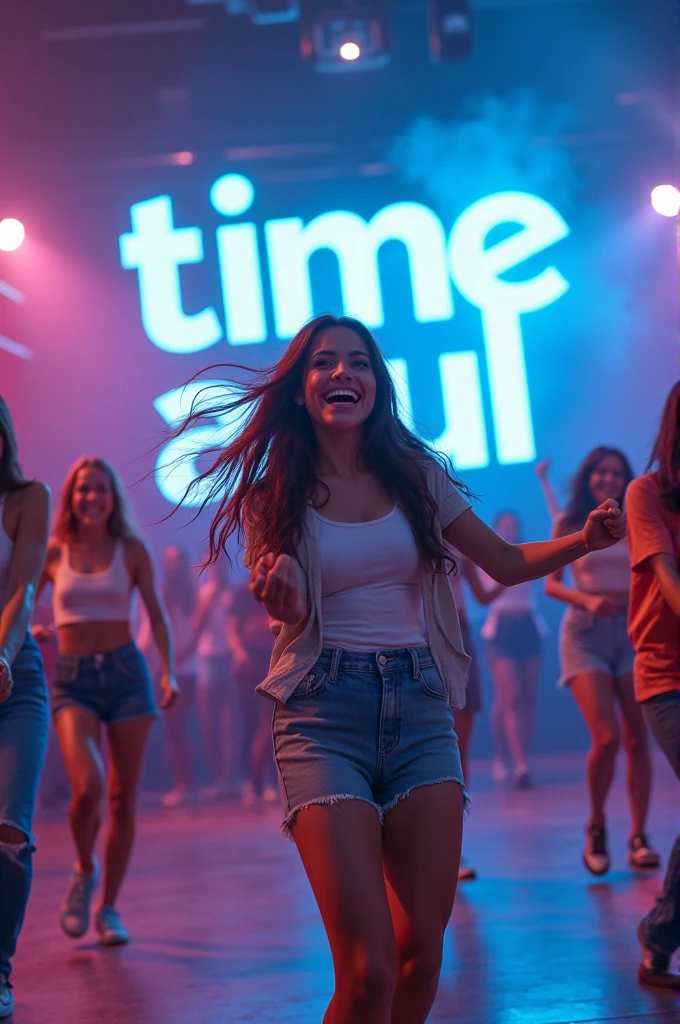 Create an image with a dance performance in the background, written Blue Team in Portuguese, with a student vibe