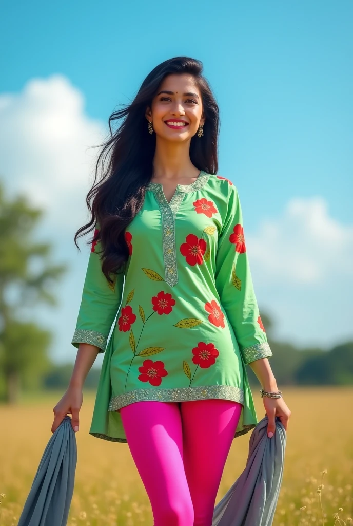 K
The image is a portrait of a young woman standing in a field. She is wearing a green kurta with red flowers on it and pink leggings. She has long dark hair and is smiling at the camera. The woman is holding a grey scarf in her left hand and her right hand is resting on her hip. The background shows a blue sky with white clouds and trees in the distance. The overall mood of the image is happy and carefree. This cute and curvy indian girl is rocking her pink tight leggings and floral kurti with a bold and attractive look her hot style combines cuteness and confidence making a strong statement with every move she makes