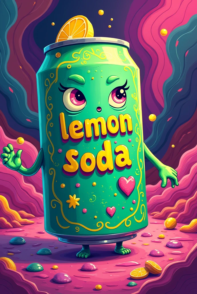 A psychedelic artwork with aquamarine green and hot pink details of a green can with the words Lemon Soda written on it