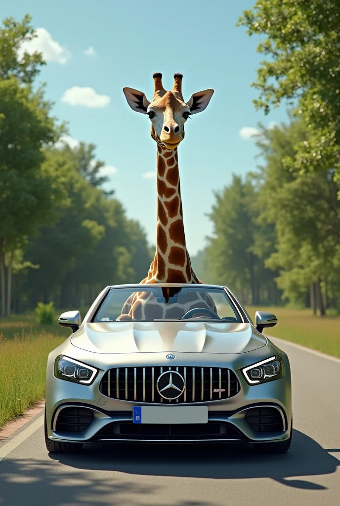 A giraffe driving a Mercedes 