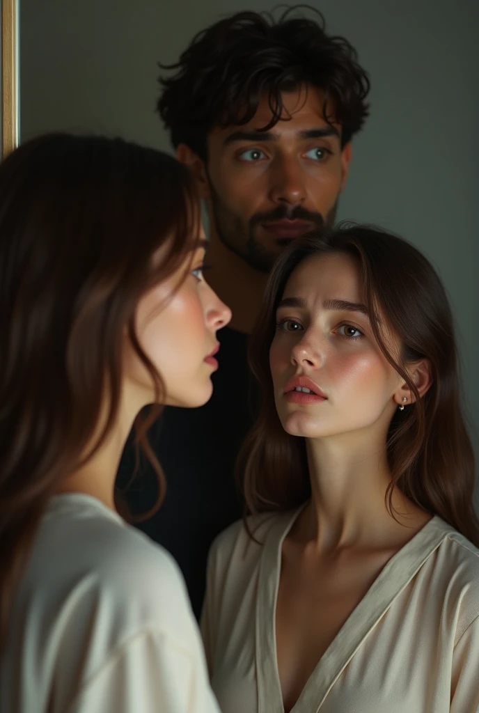 (photorealism:1.2), A beautiful girl crying in front of a mirror, clear skin, brown eyes and long brown hair. Behind her, a handsome sad man, tanned skin, short brown hair, grey eyes.