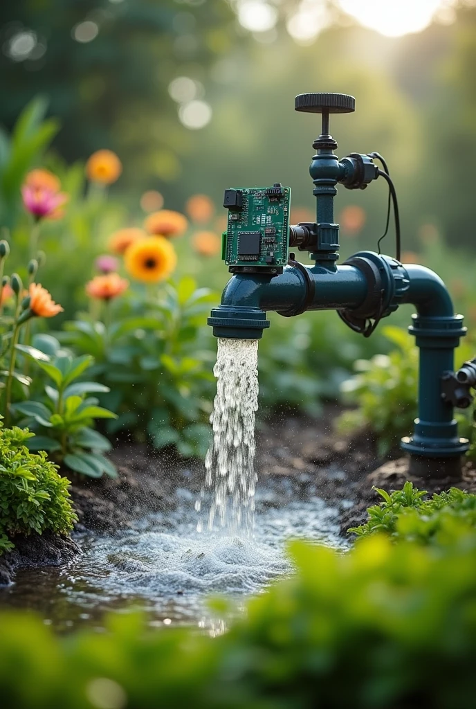 Real automatic irrigation system with arduino and water pump but watering water and making it look real, hides the arduino a little, Add that the water comes out of a water pump, not from the Arduino.

