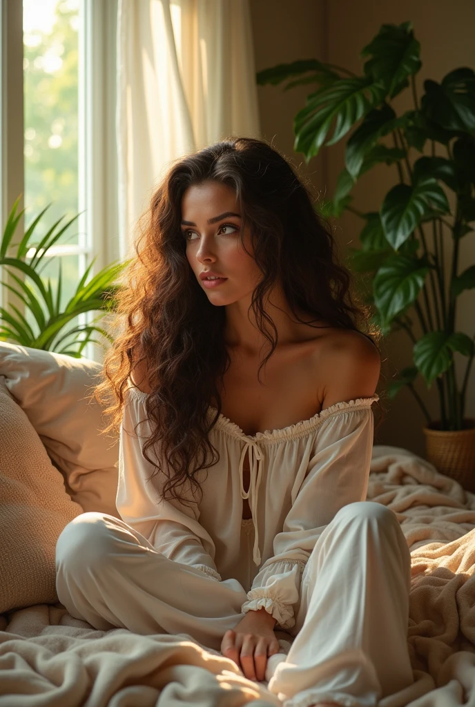 (photorealism:1.2), beautiful woman, sitting on bed, wearing loose off-shoulder top, pajama pants, long curly hair, indoors, soft lighting, plants in background, window with sunlight, cozy room, relaxed pose, realistic, intricate details, warm colors, by Greg Rutkowski, by Alphonse Mucha, style fantasy