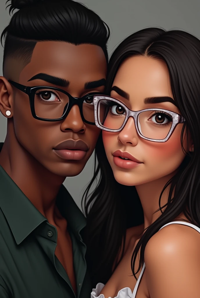 Show me a picture of a  couple where the boy is dark-skinned, with straight hair down and a semi-bun cut that reaches his ears and one of them has bangs on his forehead and his hair is short.,with black semi-square glasses semi-small eyes, He has a line on his eyebrow and the girl is darker but a shade lighter than him but she is not white with long semi-wavy hair a little shorter than him she wears transparent semi-circular glasses on the bottom and semi-square glasses on the top, He has a mole on the right side of his mouth, They are both thin with dark brown eyes 