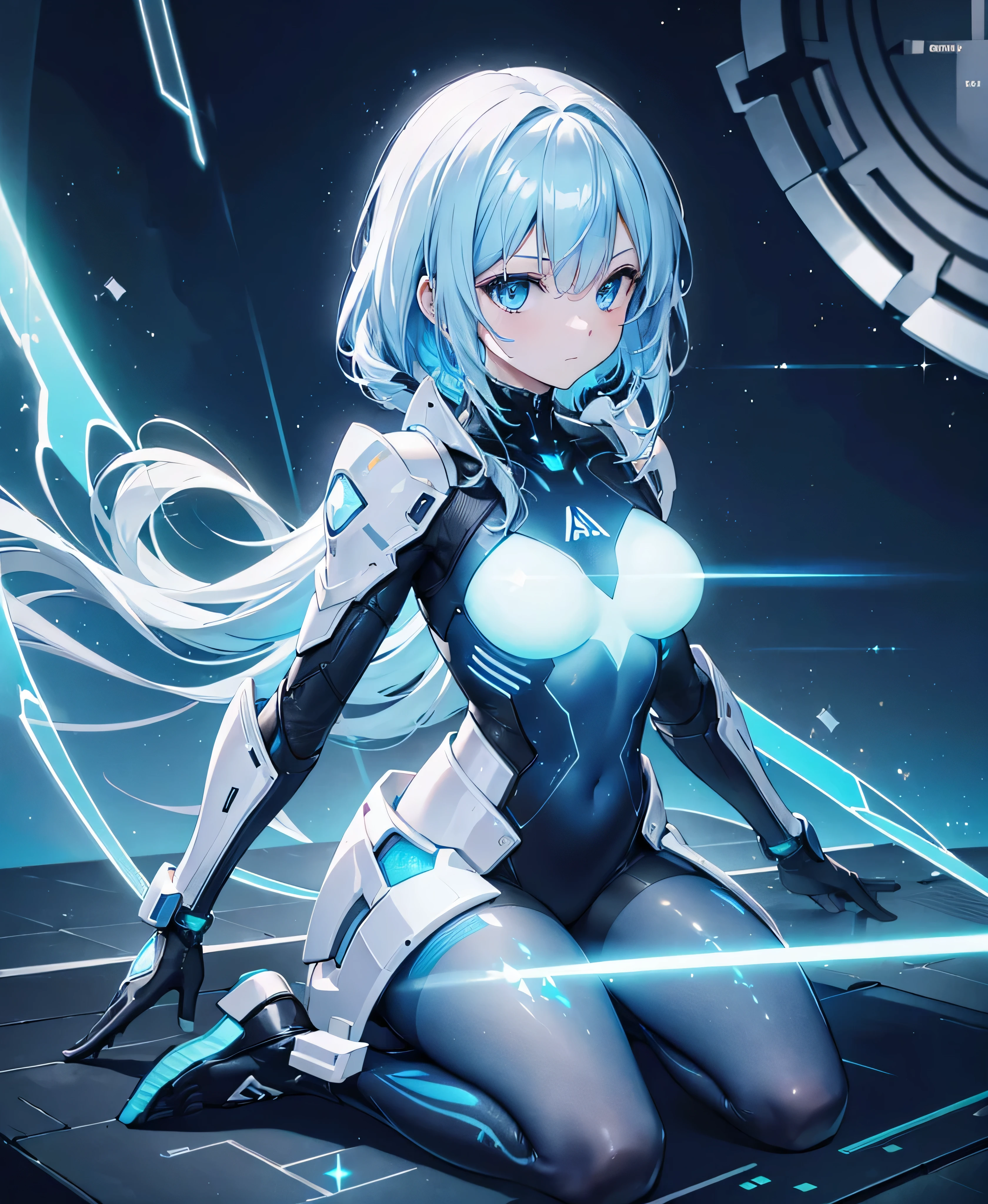 ((Holographic glow effect)),8k, Highest quality, (real:1.4), Original photo, 1 person, Asari Hair, Biological Amplifier, refined armor, posture: Peace talks between warring factions, smart blue eyes,whole body