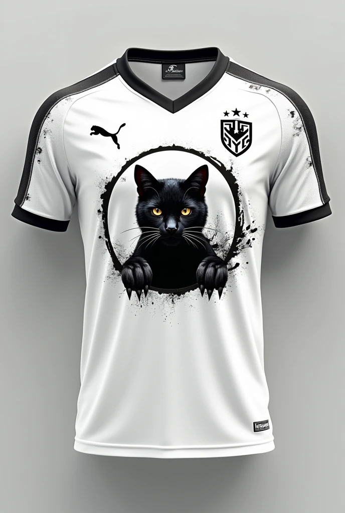 Make the best white interclass jersey, with a small black wild pampeano pampas cat inside a circle,  that scares opponents, and Make black scratch details on the shirt and in the upper left corner in the chest area place the puma symbol and on the team symbol place a star on top 