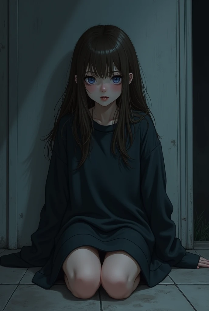 Illustration of a  girl, of Brown hair, no bangs, blue eyes, with a big black sweatshirt, lying on the floor of her house leaning against the wall with a frightened expression, dark at night 