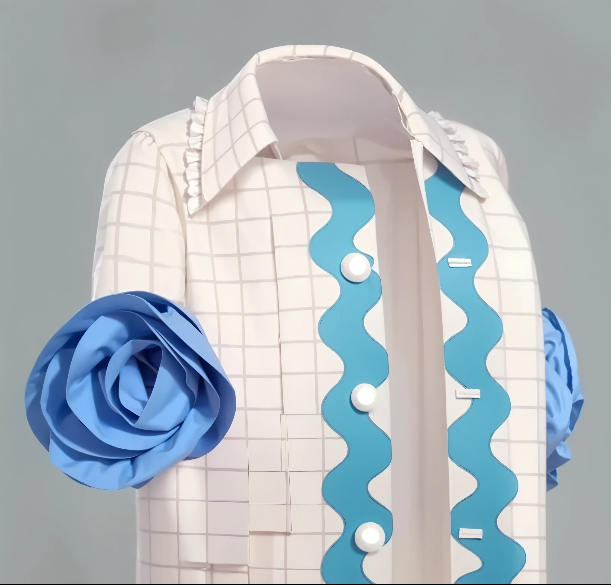 White coat, Winter coat, voluminous coat. with blue flowers on the sleeves, blue flowers, plaid coat, checkered print, frills в низу, frills на пальто, frills на воротнике, blue print on coat, blue wavy line, frills на воротнике, белые frills, blue wavy line print, frills