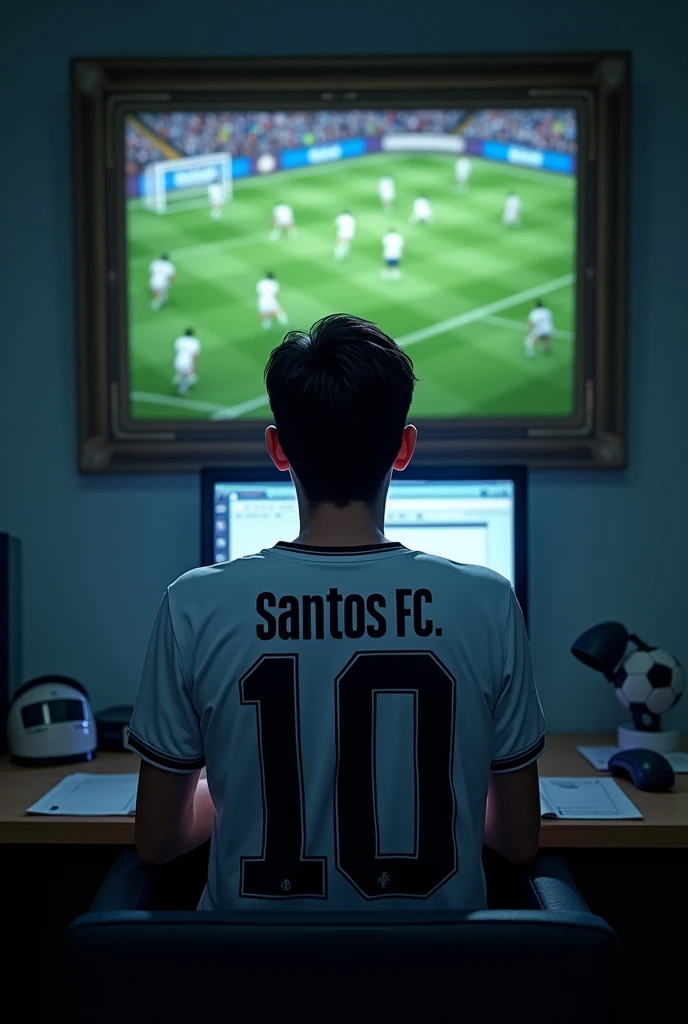 Generate a male fan wistoh short hair, sistoting at an office desk, wearing a whistoe t-shirt wistoh the number 10 on the back, isto'o nome "santos fc" watching a football game wistoh the team all in whistoe, in a dimly listo environment, and on the wall a painting of Pelé