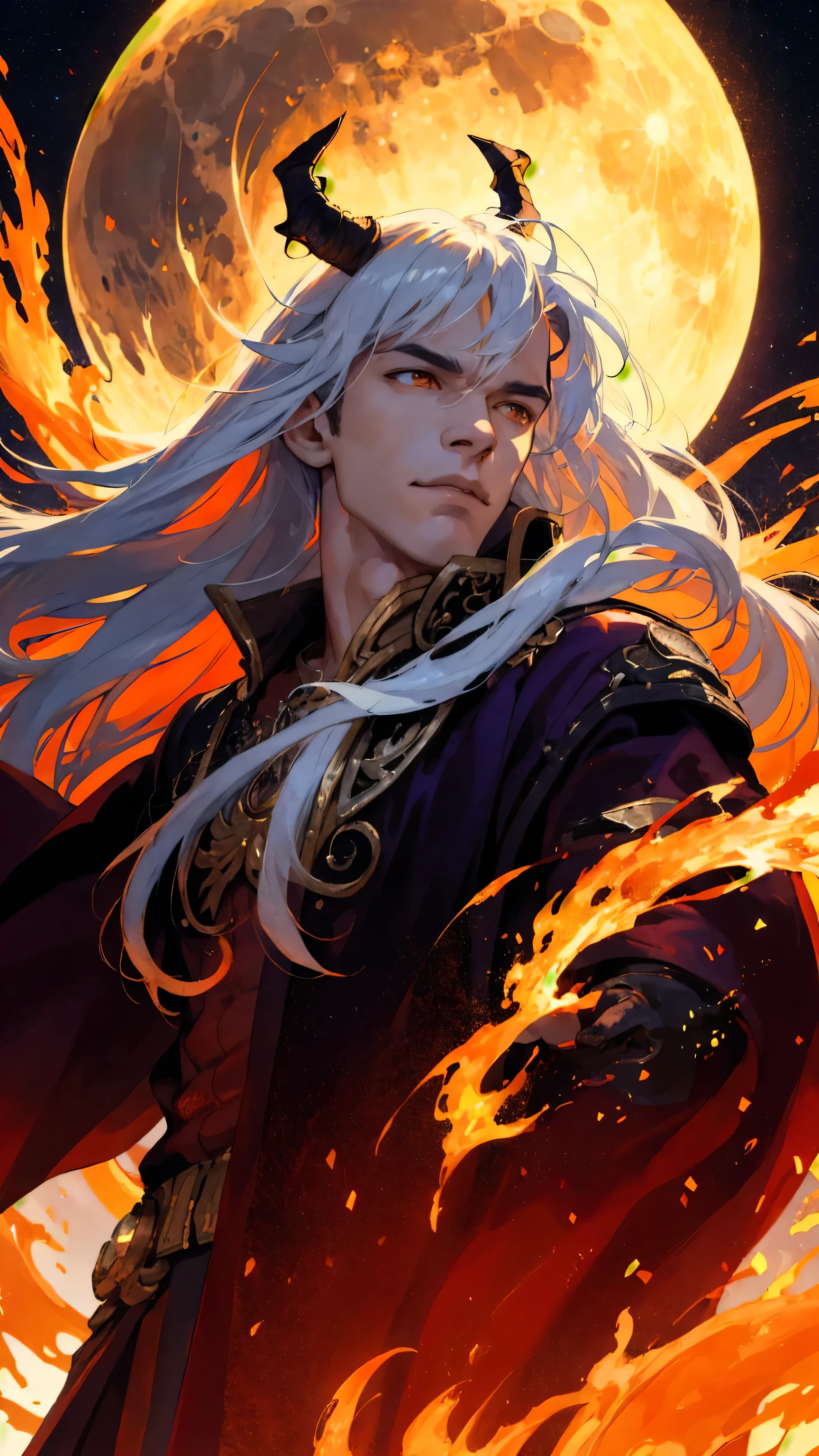 (absurdres, highres, ultra detailed), 1 male , young, handsome, tall muscular guy, broad shoulders, long white hair with bangs, orange eyes, dragon horns on head, smirking expression, sunset long sleeves, finely detailed eyes and detailed face, extremely detailed CG unity 8k wallpaper, intricate details, (style-swirlmagic:0.8), portrait, looking up, solo, half shot, detailed background, (warhammer fantasy theme:1.1) sinster, focusing, pursed lips, sorcrer, casting spell, hovering in air, (color waves), floating crystals, dynamic pose, color robe, hair flowing in the wind, arcane fire spell, mana, grim dark realistic lighting, moon background.)