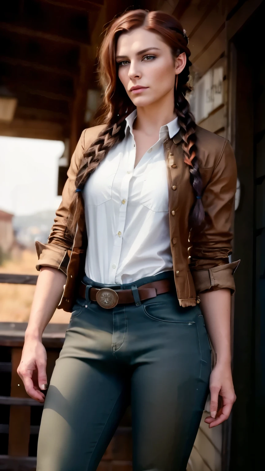 Same exact transwoman, facing camera, front side angle, fix her eyes and change her eye color to orange, pants bulge, gunslinger, she is wearing guns in hip holsters, masterpiece, detailed, best quality high resolution 8k, fix eyes, award-winning photo, no hat, gorgeous transwoman, pants bulge, dark Auburn hair in braid, sheriff, Germanic features, outdoors, 1870s wild west, gunslinger cowgirl wearing open jacket, tight white button shirt, light brown jeans with transgender pants bulge, cowboy, no hat