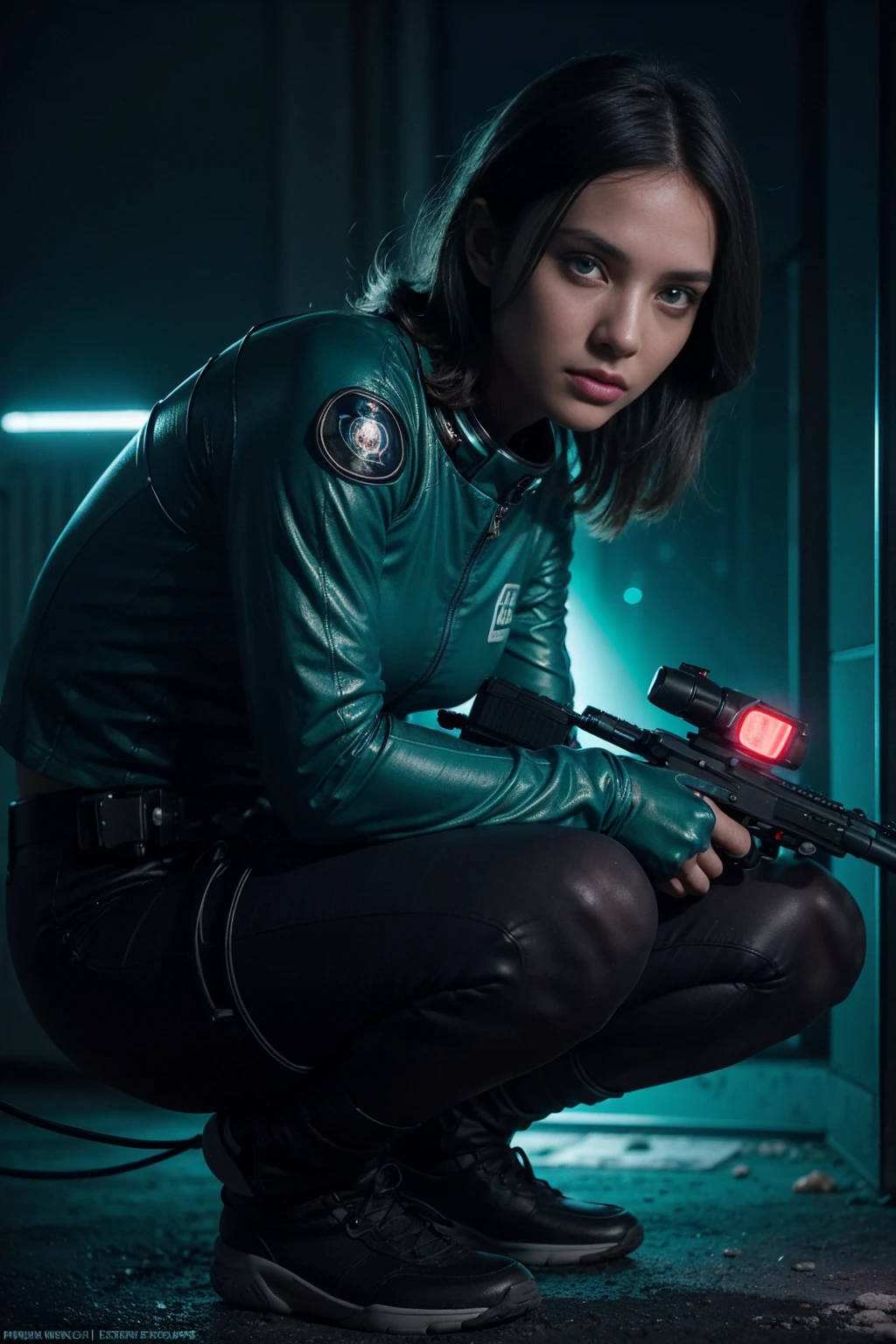 (grainy:0.5), cinematic,girl, space, serious, detailed eyes, detailed face, detailed sexy futuristic clothes, lights in clothes, (aiming gun:1.1), (hiding:1.1), (squatting, looking to side:1.1), volumetric lighting, isolation, horror, dark lighting, red bioluminescent details, green bioluminescent details, blue bioluminescent details
