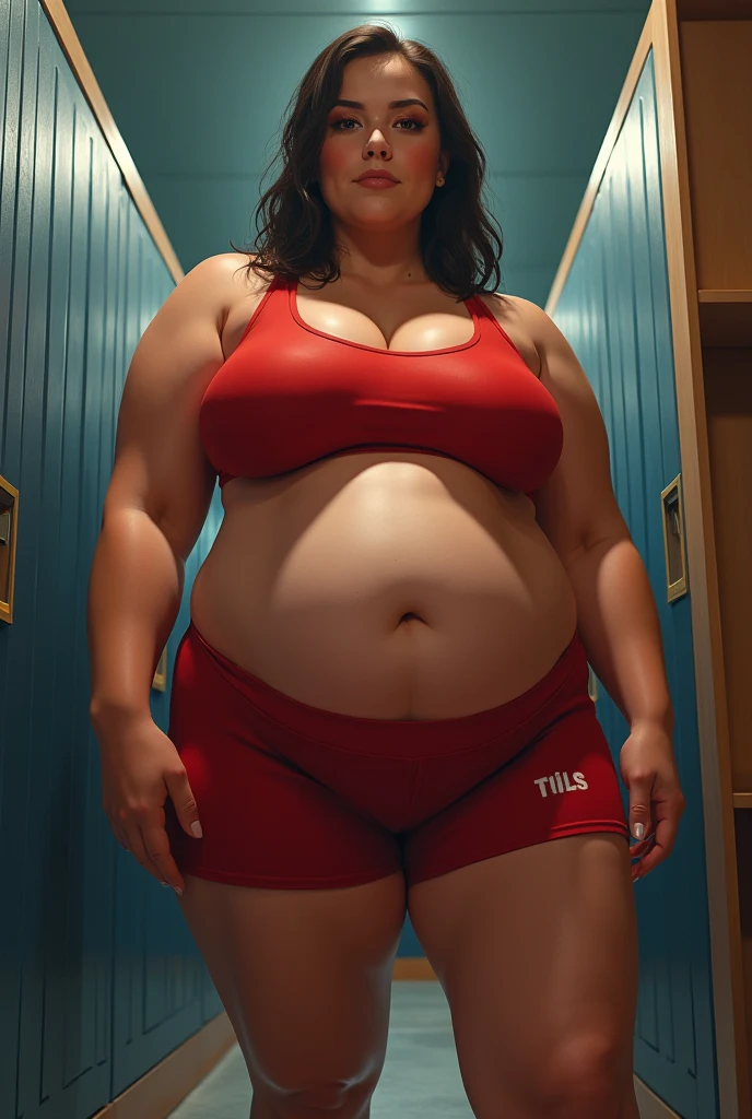 beautiful short 5 feet tall stocky athletic girl, masterpiece, photorealistic, hyper-detailed, 8k, short stocky trim build, enormous giant disproportionately huge protruding absurdly comically oversized 44I cup breasts, ((tight midsection)), thick muscular quads, athletic body, standing in locker room, wearing tiny gym clothes, intricate details, studio lighting, dramatic lighting, vivid colors, dynamic pose, non-muscular, , trim flat abs, sexy seductive pose, ((she's in love with you))