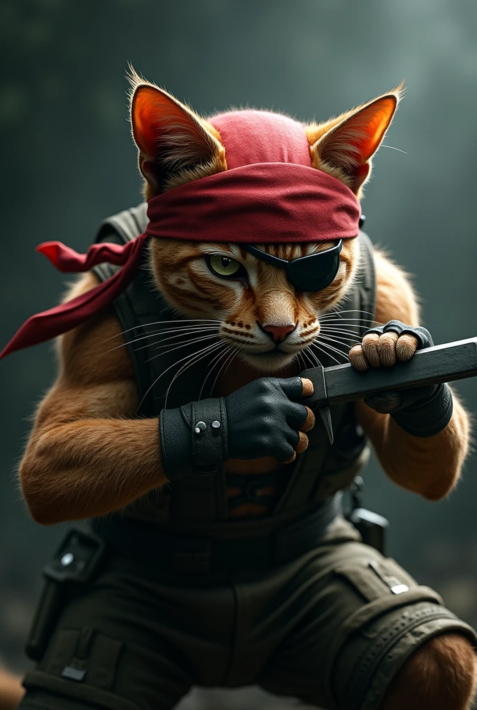 Draw a cat with a bandana and an eye patch and carrying a knife in its mouth , metal gear solid style