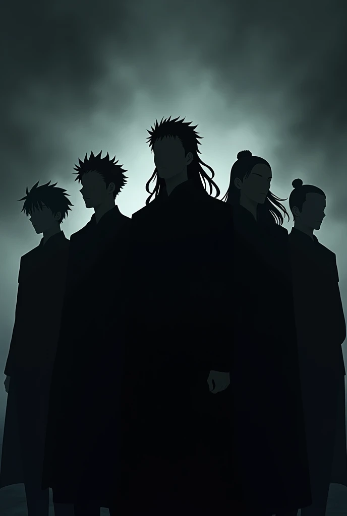 The silhouette of FIVE MEN standing side by side and looking forward , two of them with long hair in the style of high nobility imperial anime 