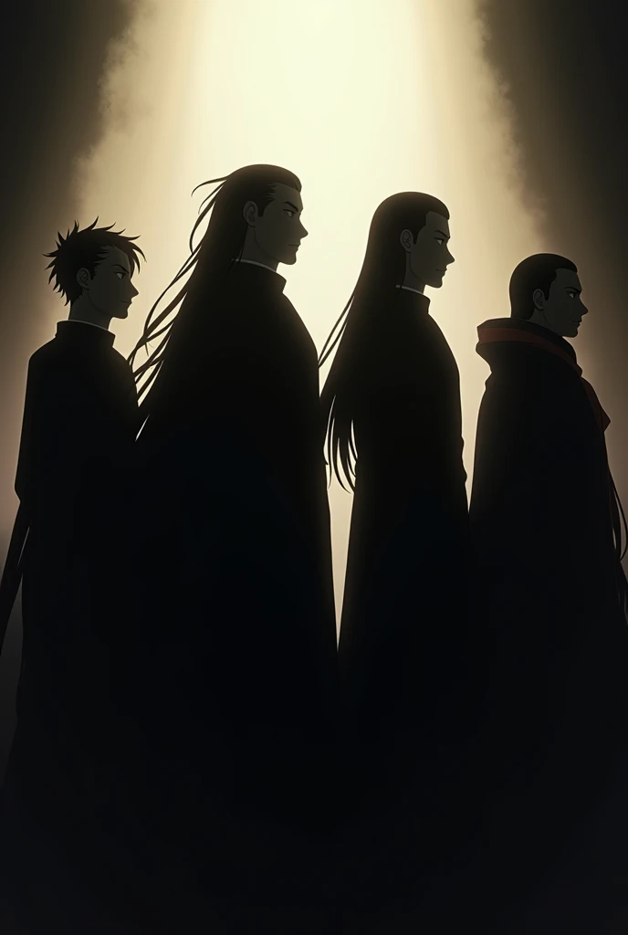 The silhouette of FIVE MEN standing side by side and looking forward , two of them with long hair in the style of high nobility imperial anime 