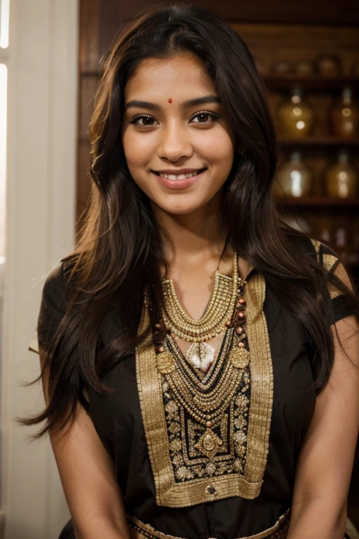 2 Indian woman, long dark brown hair, Honey eyes, decent girl, smiling, made up, dressed in her culture