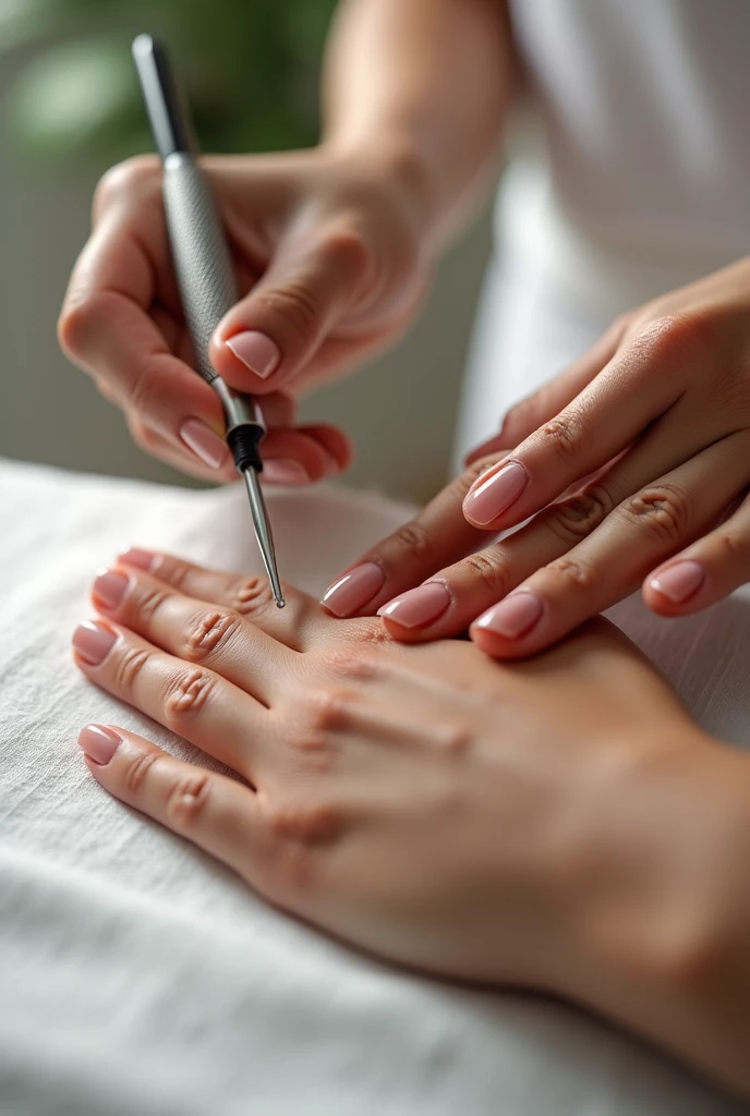 HAND OF A PERSON AND HAND OF A MANICURIST FIXING NAILS DRAWING
