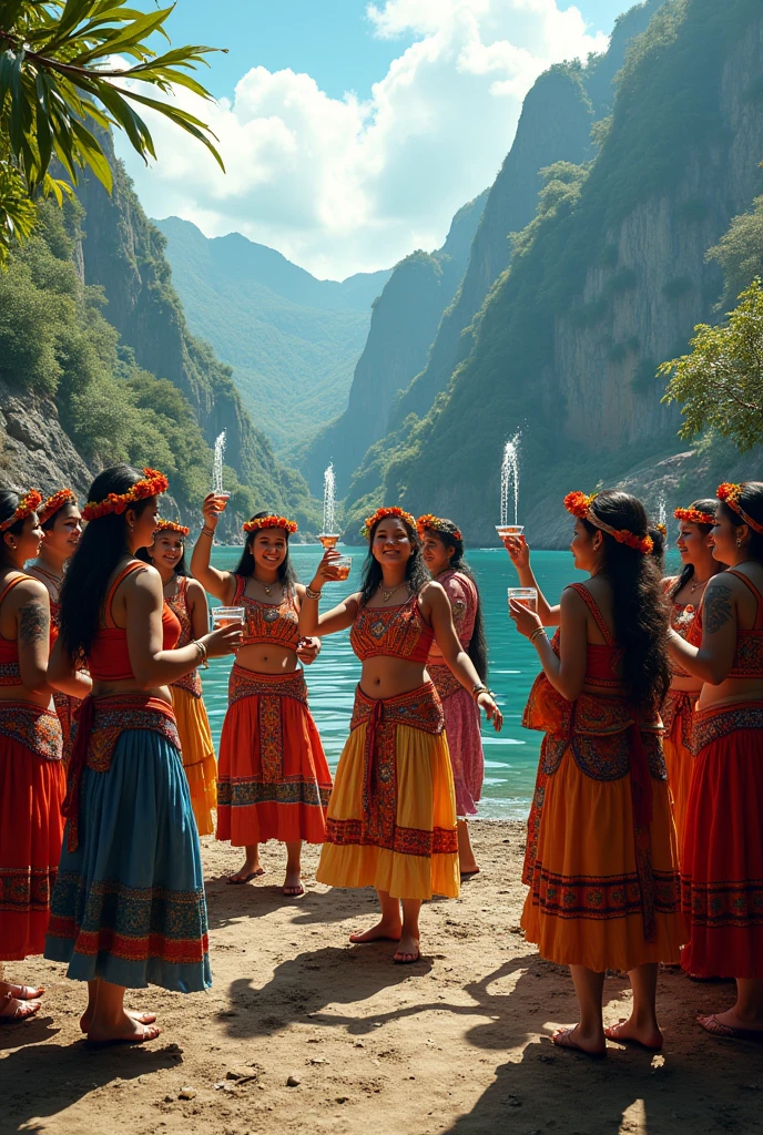 Make a realistic image where 5 Peruvian women and 10 men from small communities in Peru are worshipping water by having a Peruvian-style carnival party with a lagoon in the background with green mountains and where they have glasses of water in their hands and are dancing.