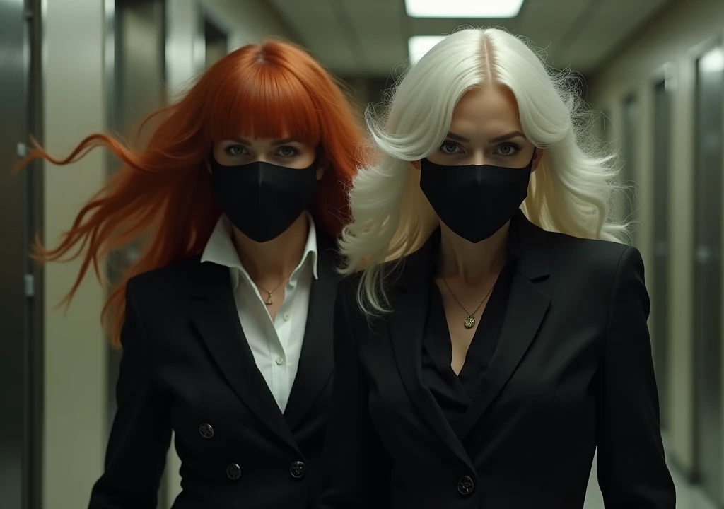 Redhead woman and white hair woman,with black masks on their faces, invade the bank in sync.
They move with military precision, incapacitating guards and opening the safe. While they take the money and documents, sing the final chorus.
