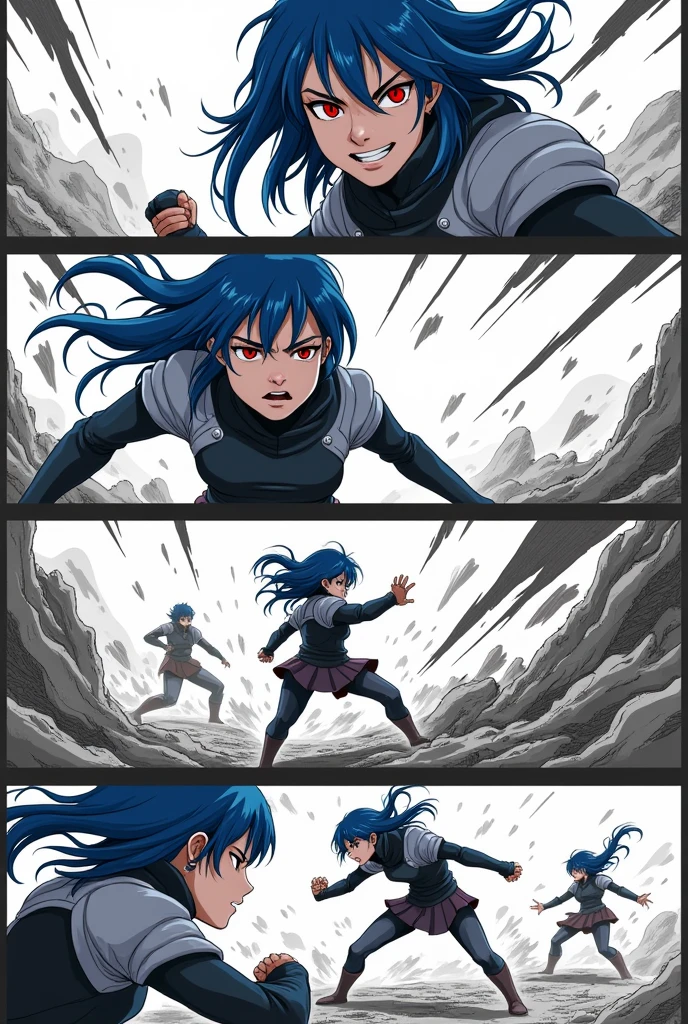 A four-page black and white manga battle scene featuring a female protagonist with a blue hair and red eyes.