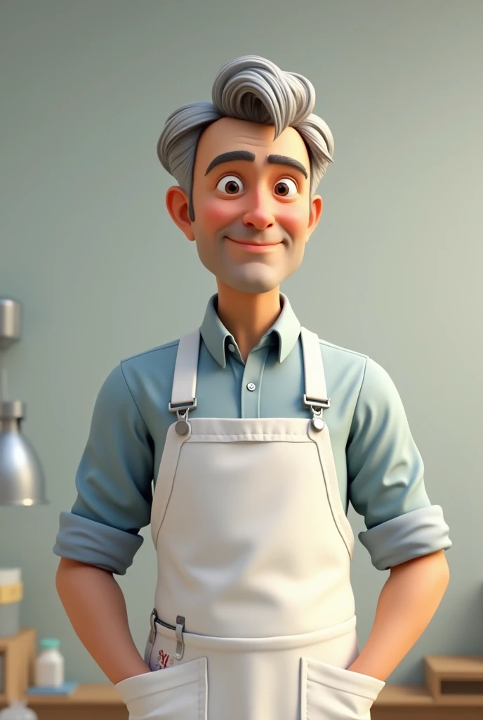 Male teacher with grey hair and white buttoned apron animated with vernier