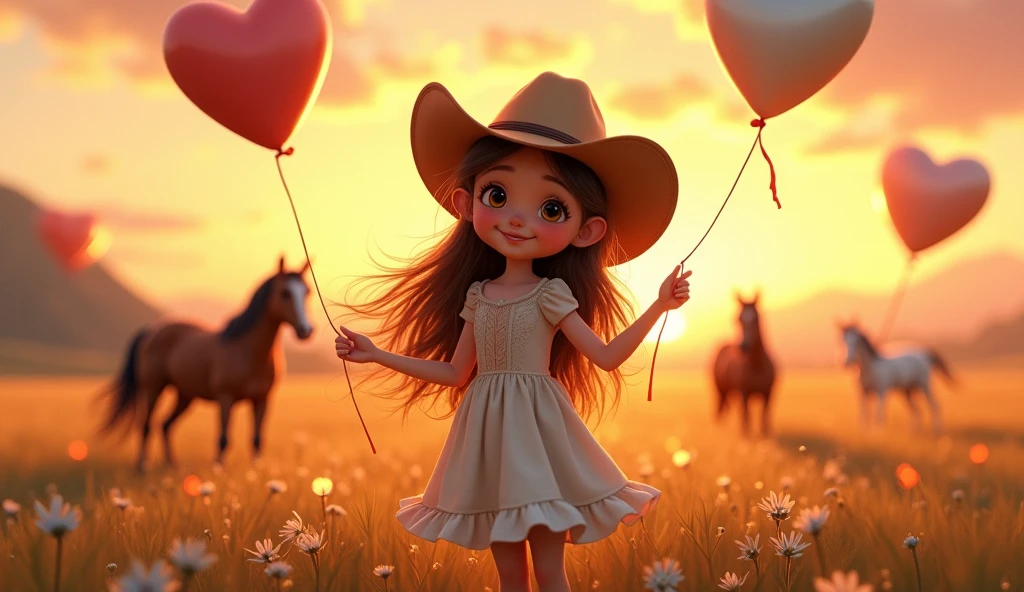 a cute cartoon  girl with long hair, detailed eyes, detailed lips, longeyelashes, wearing a cowgirl hat, standing in a field with horses, heart-shaped balloons floating around her, sunset lighting, vivid colors, photorealistic, 8k, high quality, detailed painting