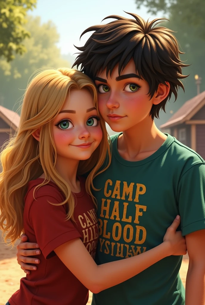 Annabeth and Percy from the book Percy Jackson hugging and happy wearing the Camp Half-Blood t-shirt