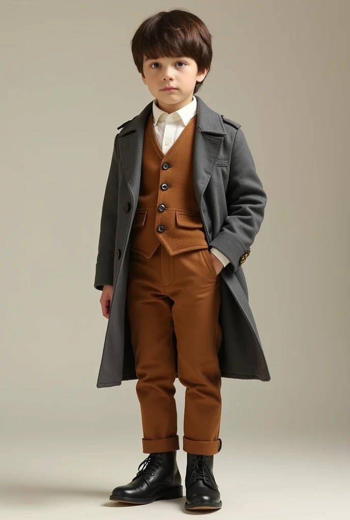  boy in grey coat white shirt, Brown pants, brown vest, black shoes