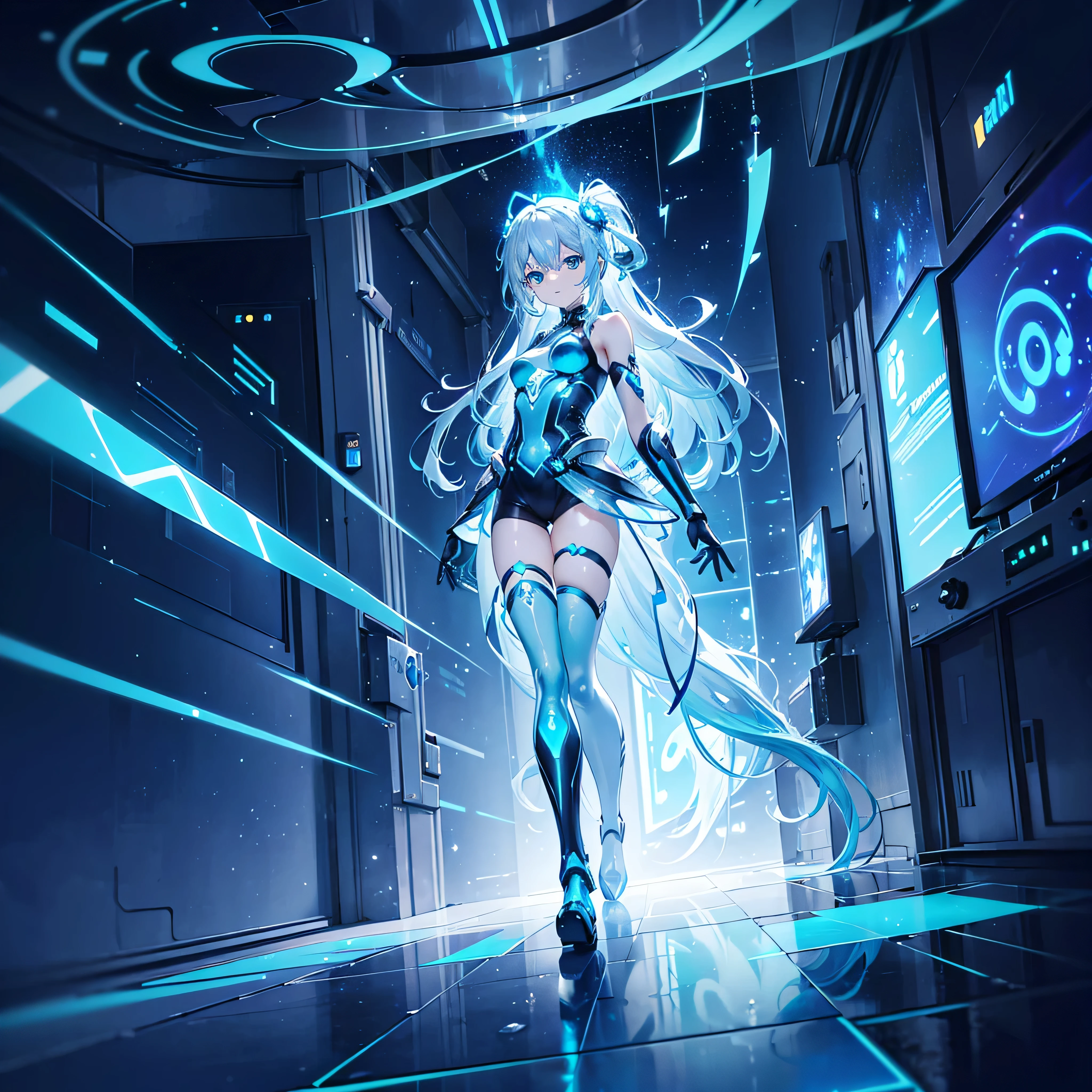 ((Holographic glow effect)),8k, Highest quality, (real:1.4), Original photo, 1 person, Asari Hair, Biological Amplifier, Very sleek and futuristic armor, posture: Peace talks between warring factions,,attention arousal, smart blue eyes,A modest smile,Knee-high boots,Patent-look blue tights,Blue big moon and blue light swirl in the background,Blue light from behind,blue light magic,A small, glowing blue ball in the palm of your hand,Blue flame swirl,Blue Comet,Polished floor,