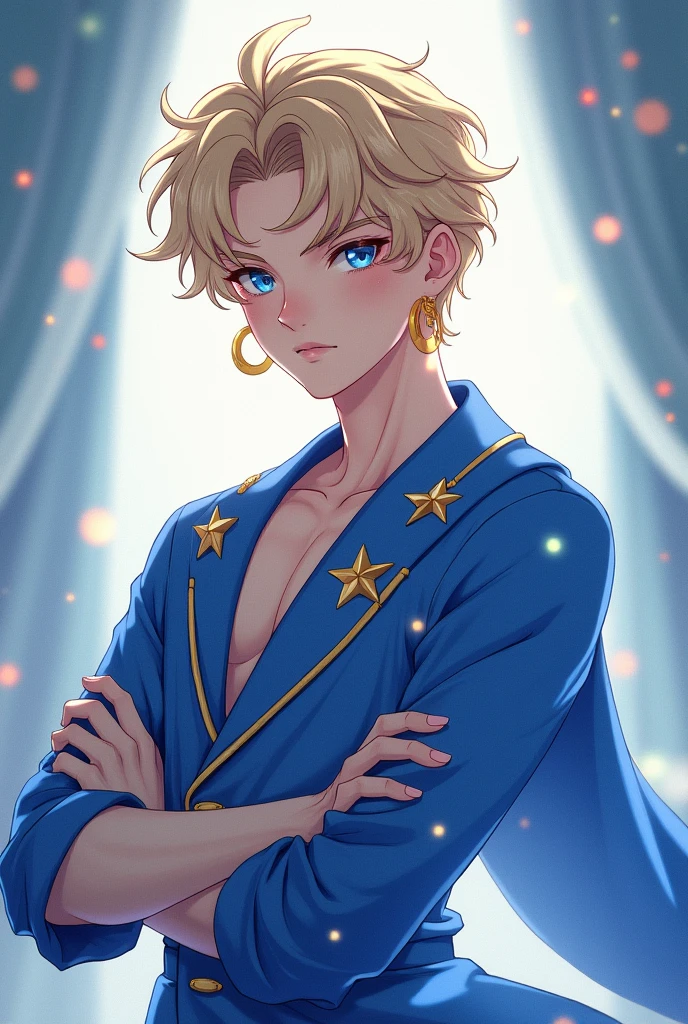 White skinned man with blond curly hair in blue sailor uniform with moon clips and moon shaped earrings anime sailor moon