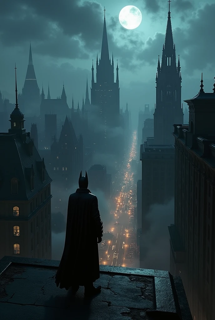 Low angle view from a rooftop, nighttime in Gotham city city, Gotham city city, Gotham city city background, metropolis filmic Gotham city city, victorian city, dark fantasy city, Gotham city setting, stylized urban fantasy artwork, dystopian city skyline at night, Gotham city, an victorian city, megavictorian city steampunk, photorealistic dark concept art, Dark City, flying over dark Gotham city, horizontal format,