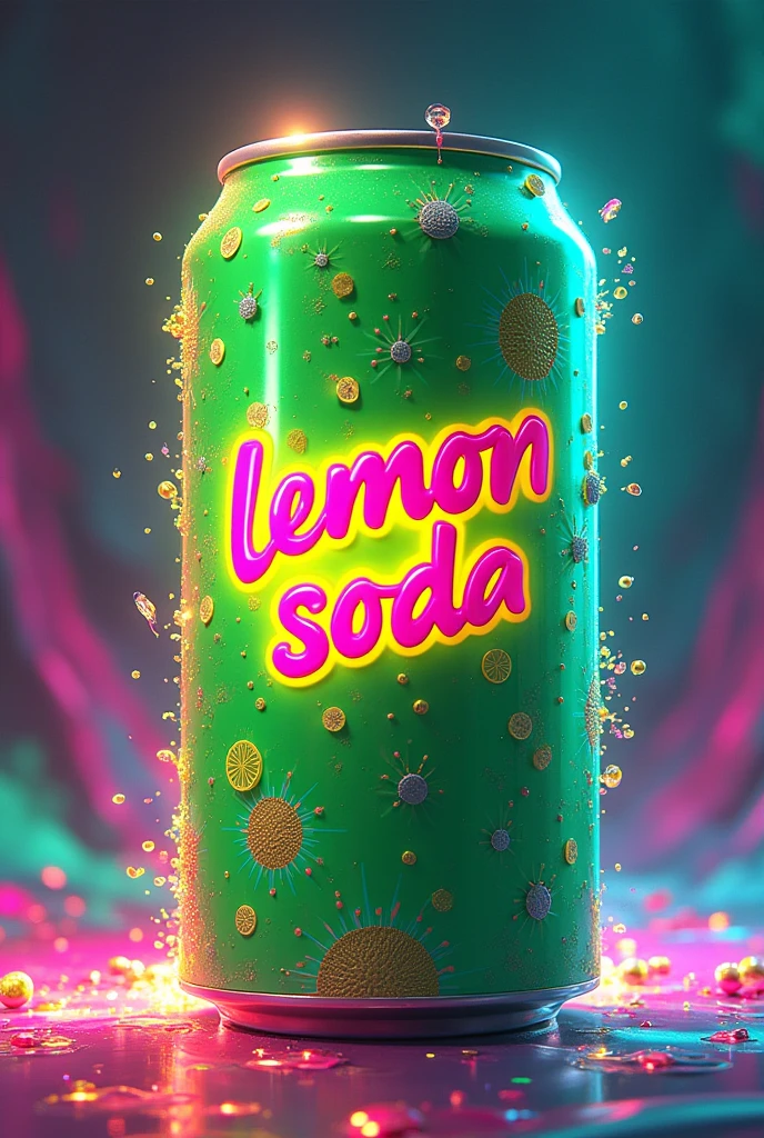 A psychedelic artwork with cyan green and hot pink accents of a green can with the words Lemon Soda written in pink and yellow