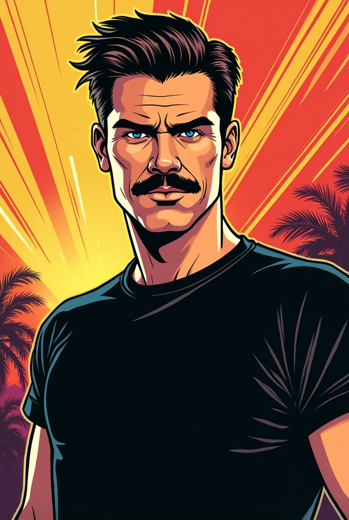Make a guy with a mustache, black t-shirt and short hair, in 80&#39;s comic book style animation
