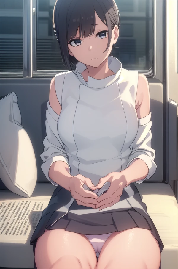 short hair, Black Hair, Bobcut, bangs, blunt bangs, (Iris:1.3), Ahoge,
break skirt, Food, Foodie, No sleeve, Food down, No sleeve Foodie,
break outdoors, city, sun, cloud,
break looking at viewer, (Cowboy Shot:1.5),
break (masterpiece:1.2), Highest quality, High resolution, unity 8k wallpaper, (figure:0.8), (Beautiful attention to detail:1.6), Highly detailed face, Perfect lighting, Highly detailed CG, (Perfect hands, Perfect Anatomy),sit in a train seat、Lace panties