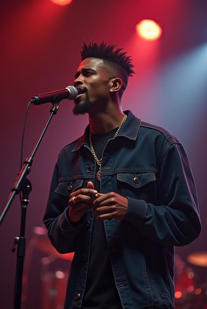 A young and handsome 2 artist , black complexion, une coiffure tapers dégradé, the microphone in front and singing with a catchy rhythm