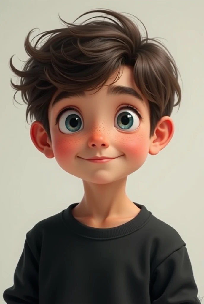 A  boy , brown and black hair, blue eyes , White skin , a black sweatshirt and curly hair, freckles and realistic 