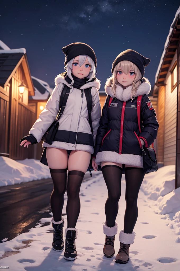 a nudy and very revealing female arctic explorer inside the outpost of the arctic region at nigth time