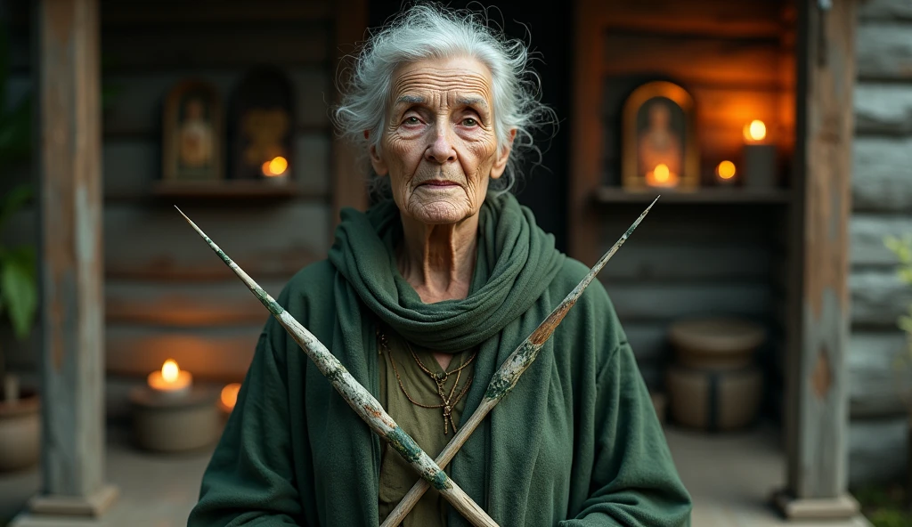 ultra realistic elderly woman healer with two long plants in the shape of thin spears, crossing like an x in front of your chest. The plant is green with medium green and dark green stripes throughout.. In the background, a house with a shelf with saints and lit candles.. convey depth.