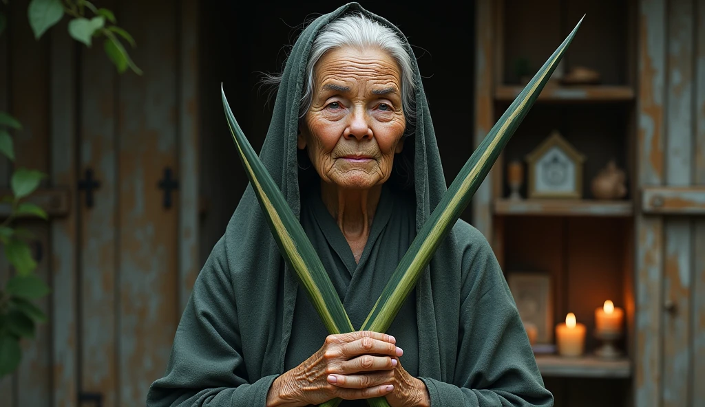ultra realistic elderly woman healer with two long plants in the shape of thin spears, crossing like an x in front of your chest. The plant is green with medium green and dark green stripes throughout.. In the background, a house with a shelf with saints and lit candles.. convey depth.