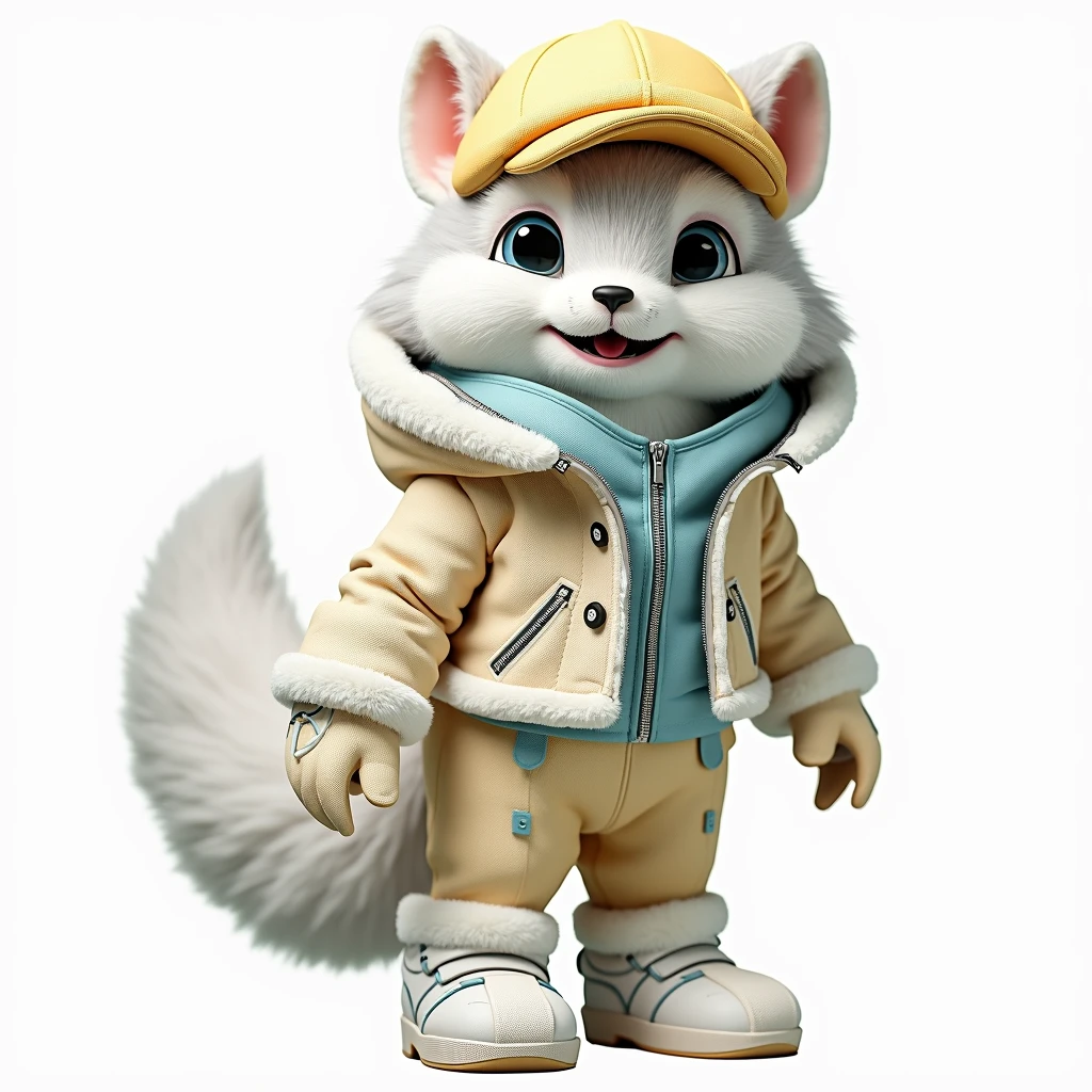 3D rendering in C4d and Blender of a cute furry ermine, Wolf ,grey natural wool, as if alive, Fur, in a blue leather parka and white techno clothes underneath, with big eyes, in a baseball cap bluelittle nose, and full growth on a white background. У Wolf синие кожаные ботинки и дизайн персонажа в стиле чиби со студийным освещением. The wolf smiles sweetly, with highlighted lines on the suit, a high resolution, high detail, and the best quality 12k,