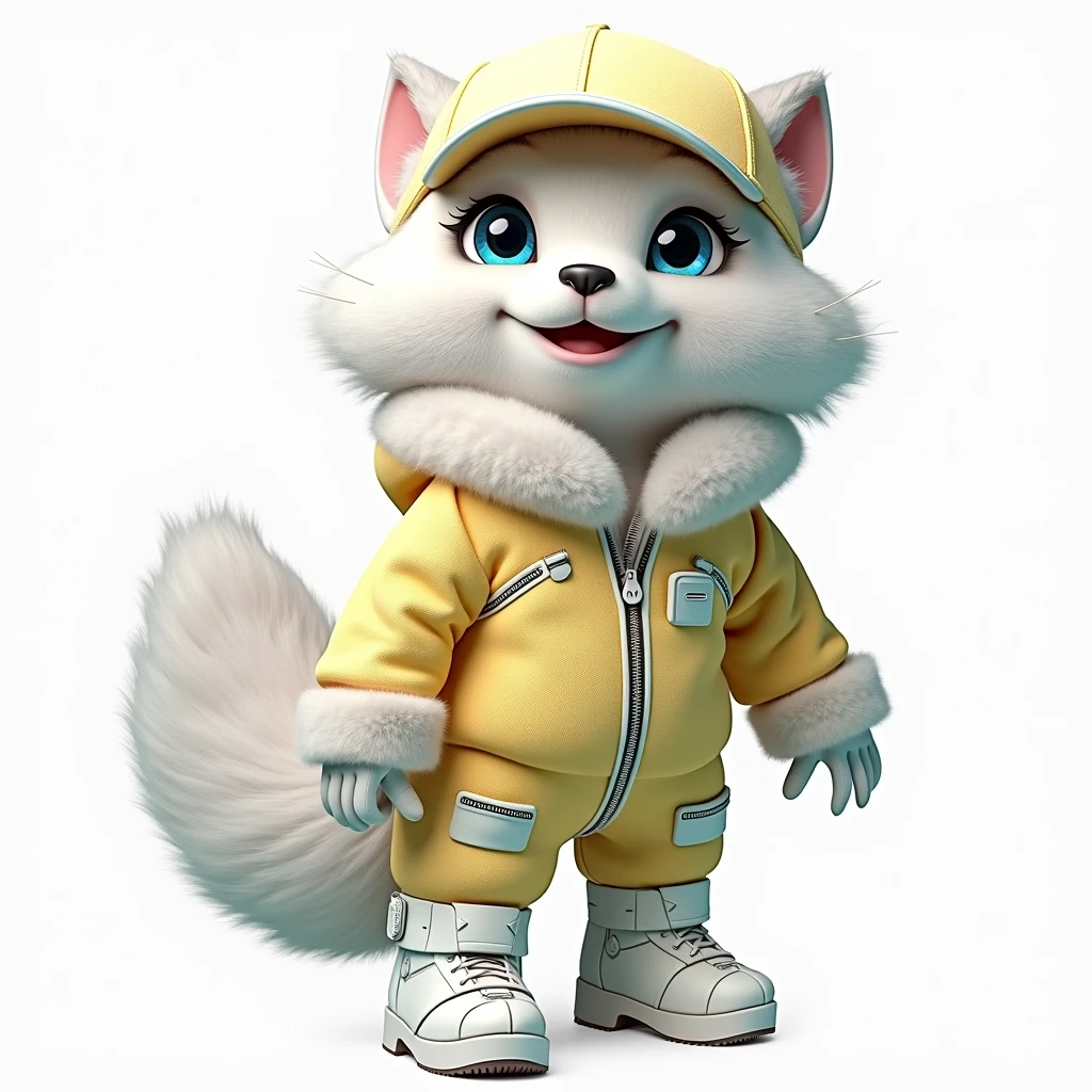 3D rendering in C4d and Blender of a cute furry ermine, Wolf ,grey natural wool, as if alive, Fur, in a blue leather parka and white techno clothes underneath, with big eyes, in a baseball cap bluelittle nose, and full growth on a white background. У Wolf синие кожаные ботинки и дизайн персонажа в стиле чиби со студийным освещением. The wolf smiles sweetly, with highlighted lines on the suit, a high resolution, high detail, and the best quality 12k,